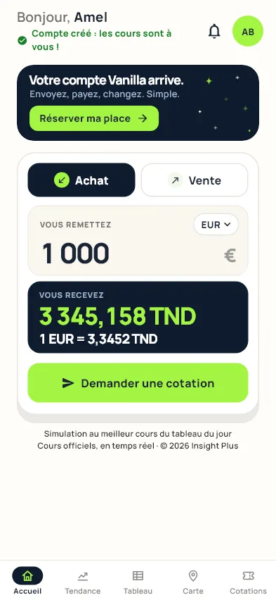 L'accueil de l'application : Achat ou Vente, « Vous remettez 1 000 EUR », « Vous recevez 3 345,158 TND », 1 EUR = 3,3452 TND.