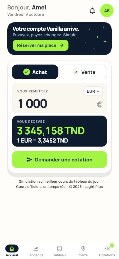 L'écran d'accueil de l'application Vanilla : « Votre compte Vanilla arrive. Envoyez, payez, changez. Simple. », puis la simulation de change au meilleur cours du jour.
