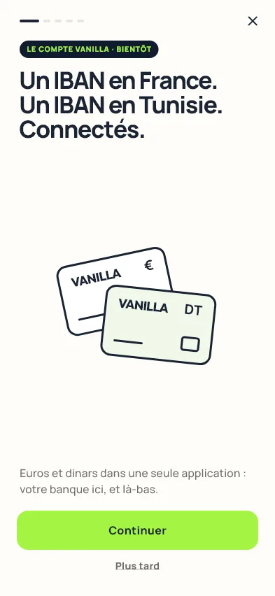 Le volet de l'application : deux cartes Vanilla, l'une en euros, l'autre en dinars.