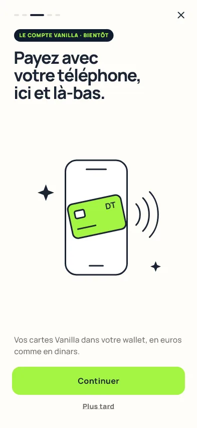 Le volet de l'application : une carte Vanilla en dinars qui paie sans contact depuis le téléphone.