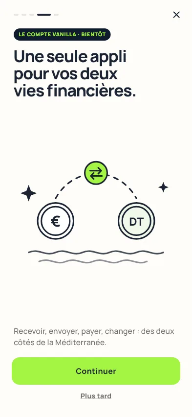 Le volet de l'application : l'euro et le dinar reliés par Vanilla, au-dessus de la Méditerranée.